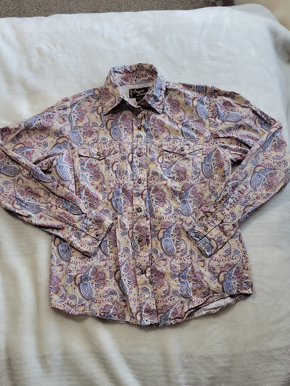 Cowgirl Legend Paisley Button-Up Shirt in Cream and Blue- Medium